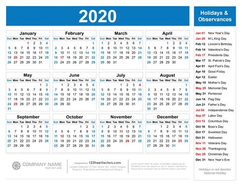 calendar 2020 with national holidays